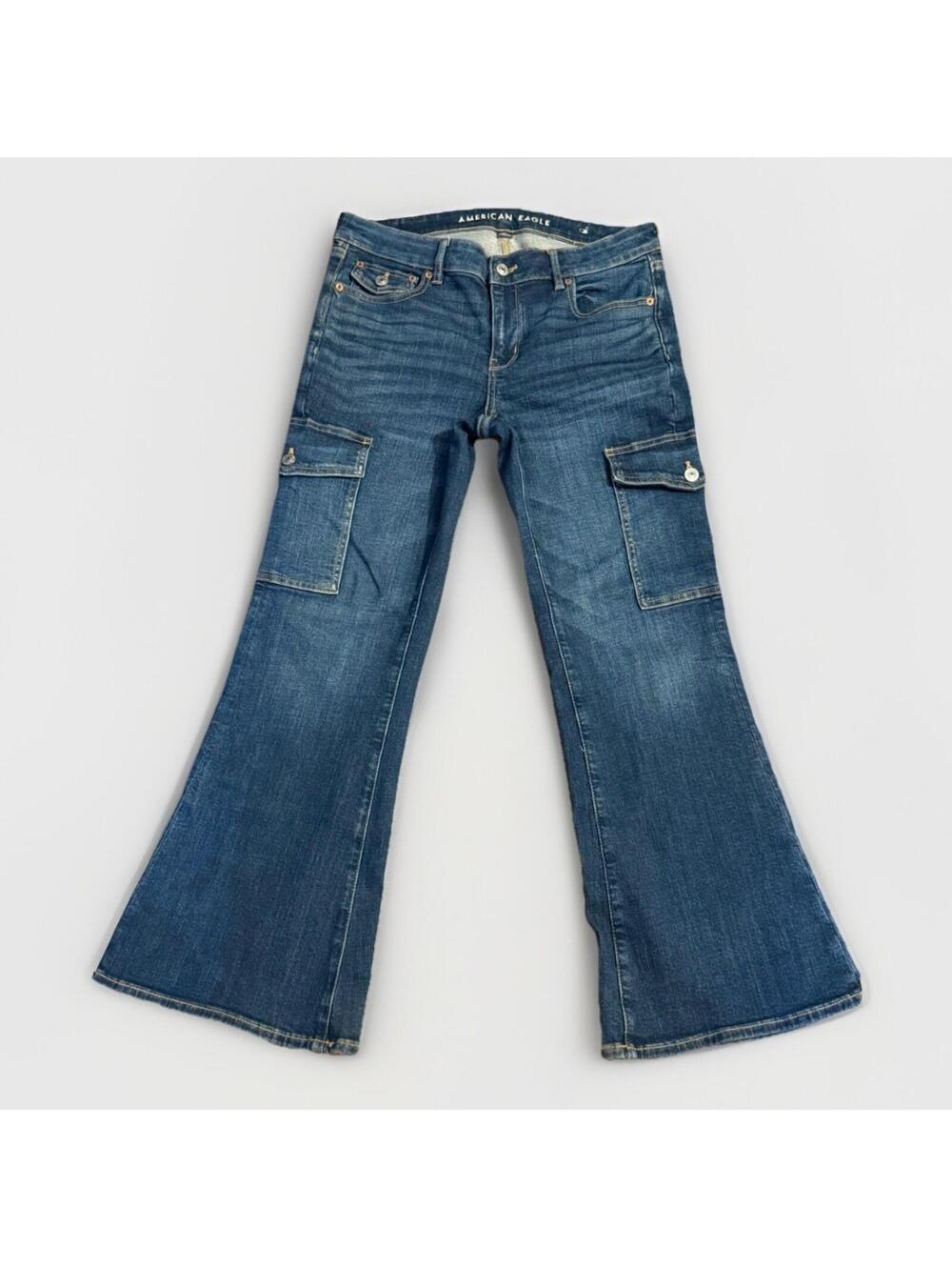 American Eagle Cargo Jeans Size 8 Regular Super High Rise Baggy Wide Leg Stretch